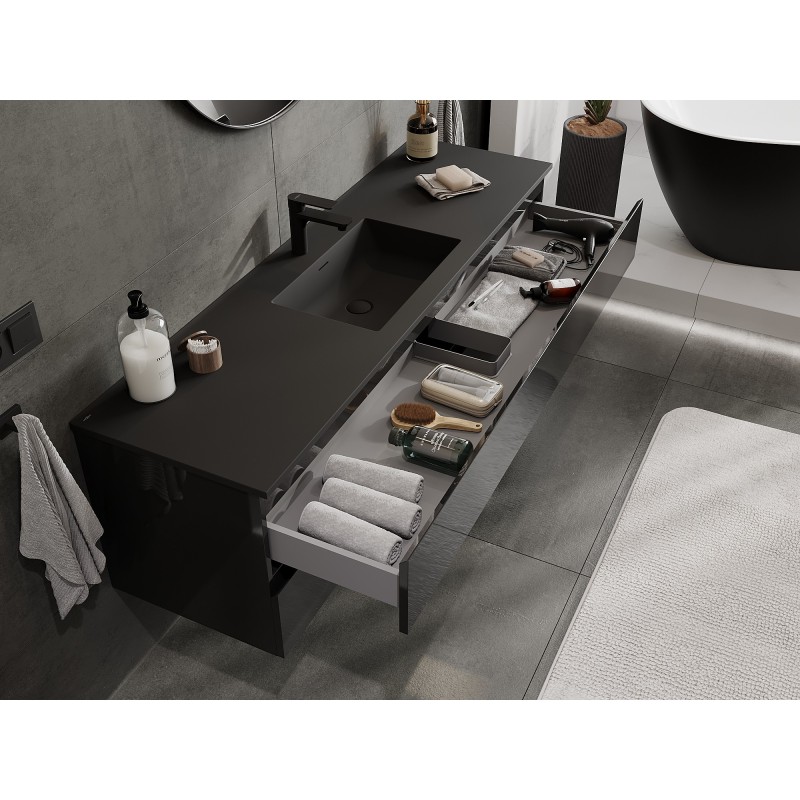 Mexen Orio meuble de salle de bain 160 cm avec lavabo Otis, 2 tiroirs, noir brillant/noir mat - 91A10-16047-2-BFF70-W18M71