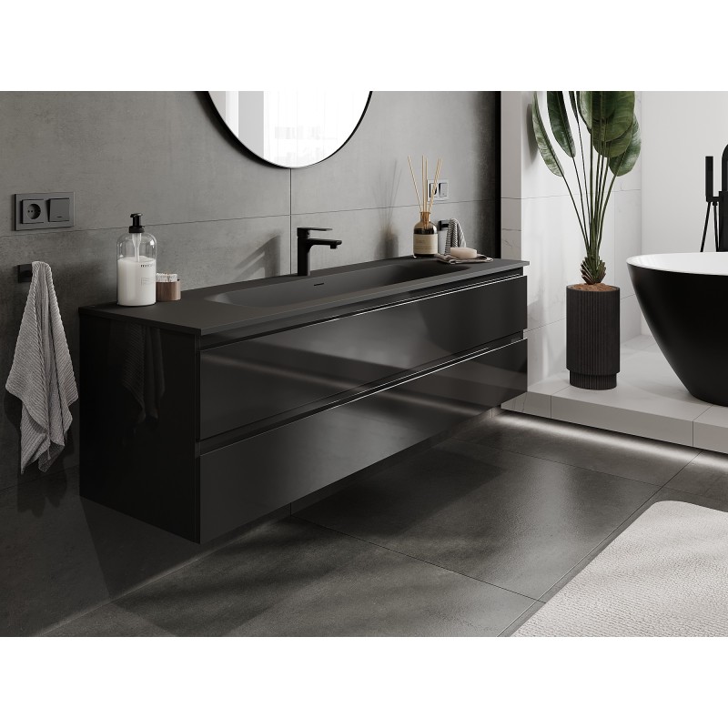 Mexen Orio szafka łazienkowa 160 cm z umywalką Vela, 2 szuflady, czarna połysk/czarna mat - 91A10-16047-2-BFF70-W23M71
