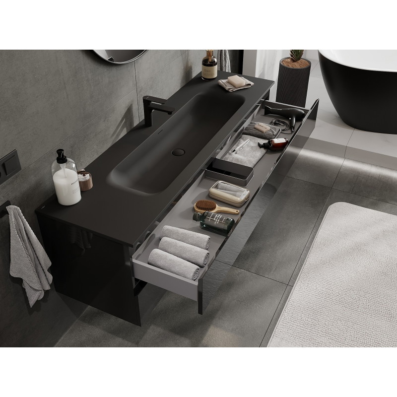 Mexen Orio armario de baño de 160 cm con lavabo Vela, 2 cajones, negro brillo/negro mate - 91A10-16047-2-BFF70-W23M71