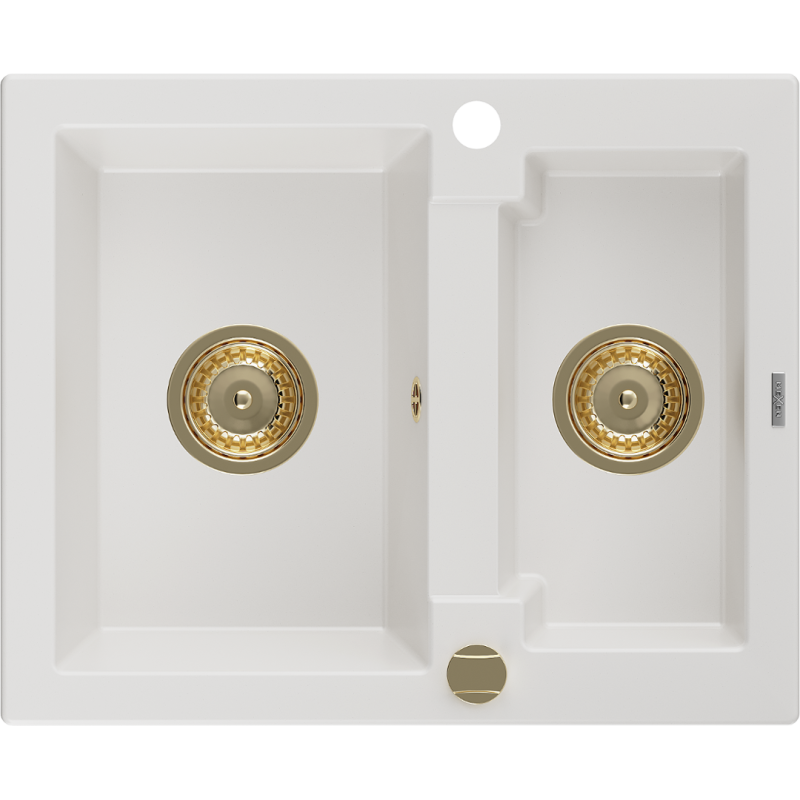 Mexen Carlos granieten gootsteen 1,5-compartimenten 582 x 475 mm, wit, gouden sifon - 6518581500-20-G