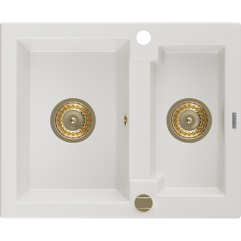 Mexen Carlos Granitspüle 1,5-Becken 582 x 475 mm, weiß, goldener Siphon - 6518581500-20-G