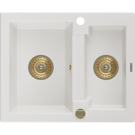 Mexen Carlos fregadero de granito de 1,5 compartimentos 582 x 475 mm, blanco, sifón dorado - 6518581500-20-G