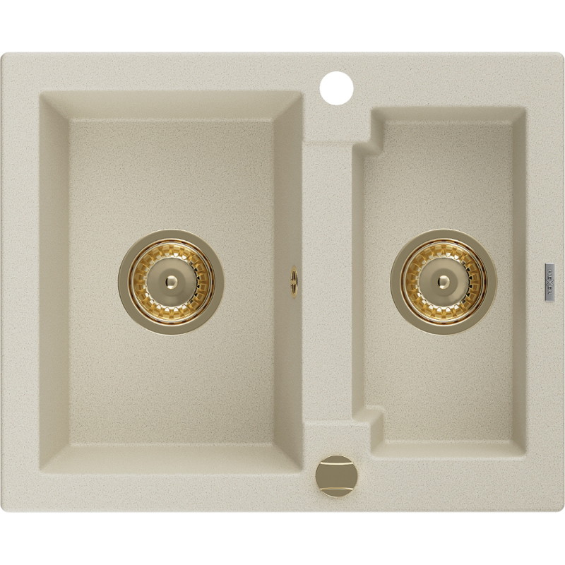 Mexen Carlos granieten spoelbak 1,5-komoren 582 x 475 mm, beige, gouden sifon - 6518581500-69-G