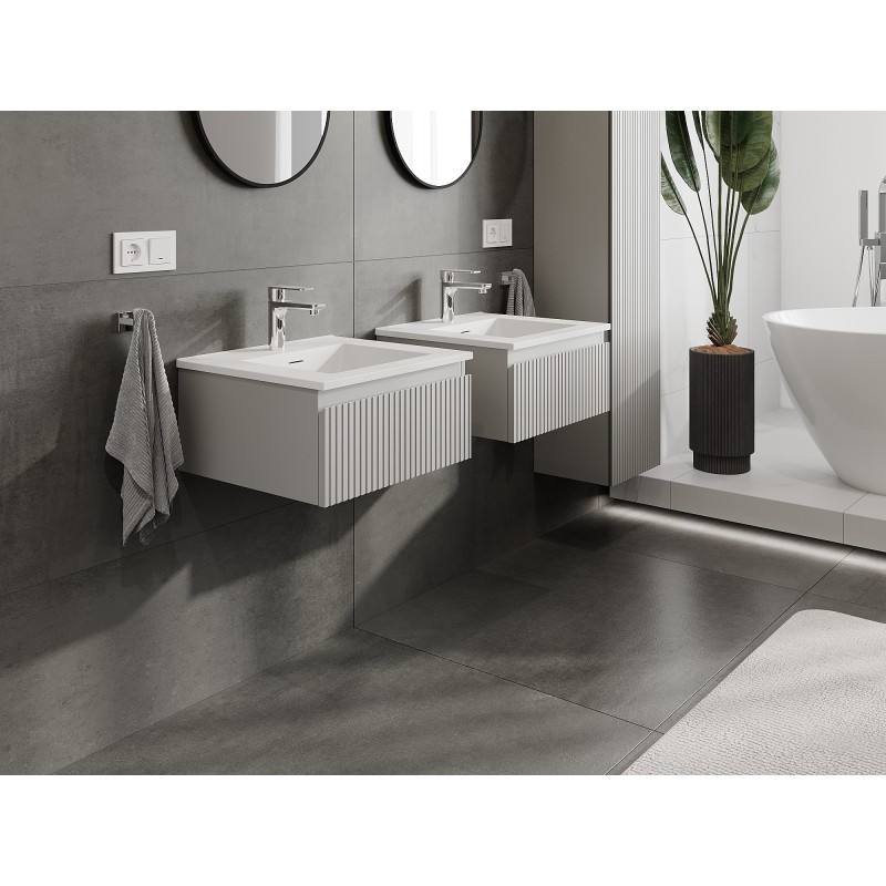 Mexen Rivel Badezimmerschrank 50 cm mit Waschbecken Otis, 1 Schublade, geriffelt, grau matt/weiß matt