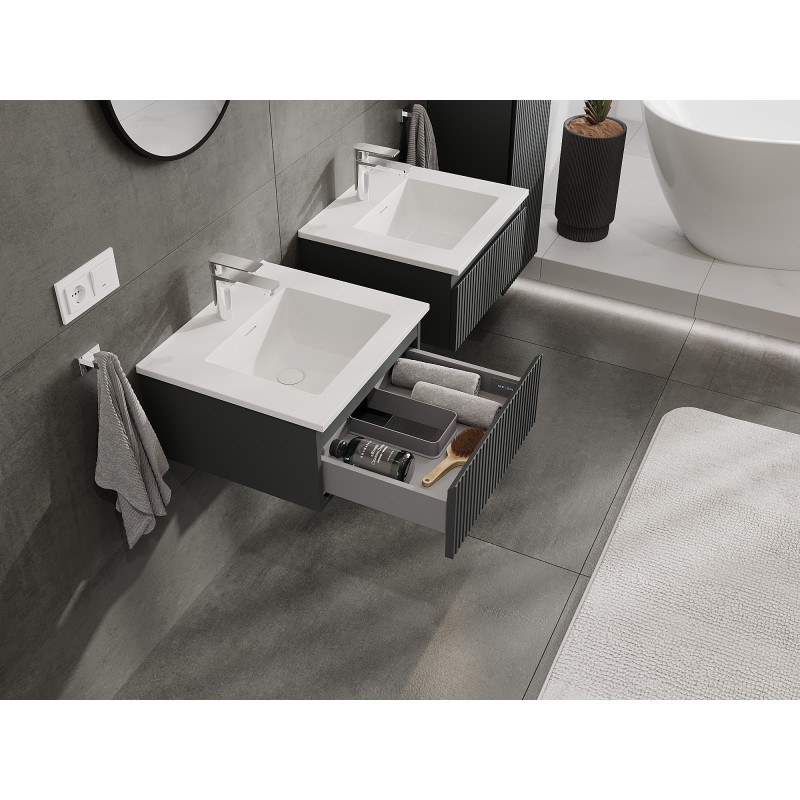 Mexen Rivel Badezimmerschrank 50 cm mit Waschbecken Otis, 1 Schublade, geriffelt, Graphit Matt/Weiß Matt