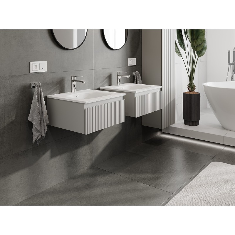 Mexen Rivel Badezimmerschrank 50 cm mit Waschbecken Vela, 1 Schublade, gerillt, grau matt/weiß matt - 91A20-05023-1-BF62-W23M01