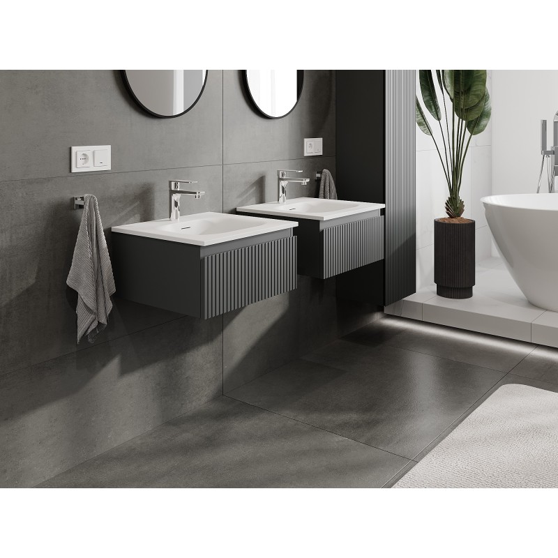 Mexen Rivel meuble de salle de bain 50 cm avec lavabo Vela, 1 tiroir, cannelé, graphite mat/blanc mat