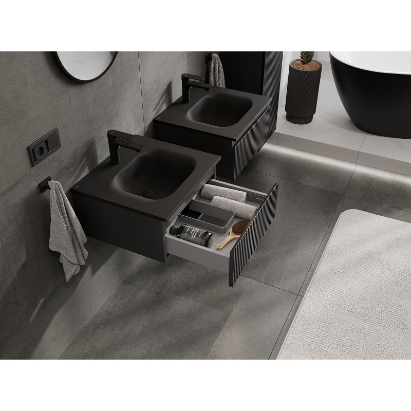 Mexen Rivel gabinete de baño de 50 cm con lavabo Vela, 1 cajón, ranurado, negro mate - 91A20-05023-1-BF71-W23M71