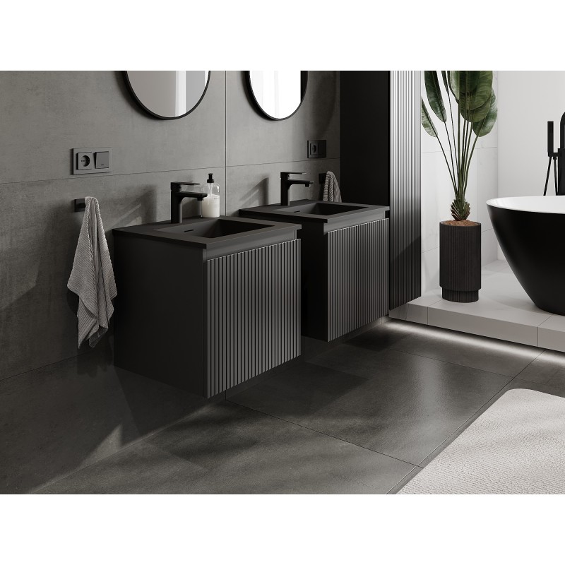 Mexen Rivel meuble de salle de bains 50 cm avec lavabo Otis, 1 tiroir, rainuré, noir mat - 91A20-05047-1-BF71-W18M71