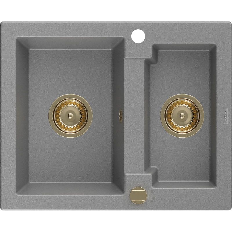 Mexen Carlos 1,5-komorige granieten spoelbak 582 x 475 mm, grijs, gouden sifon - 6518581500-71-G