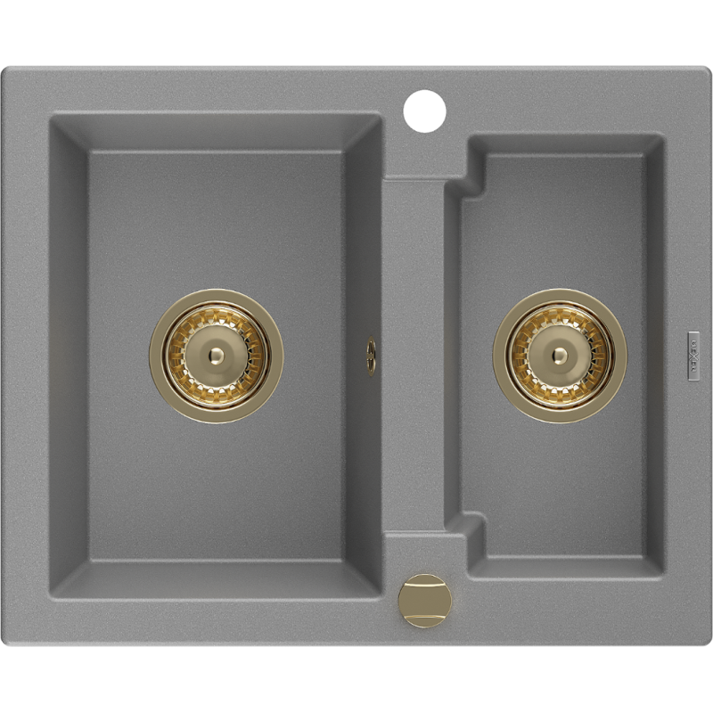 Mexen Carlos fregadero de granito 1,5 cubetas 582 x 475 mm, gris, sifón dorado - 6518581500-71-G