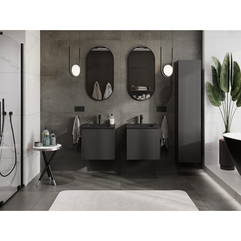 Mexen Rivel meuble de salle de bains 50 cm avec lavabo Otis, 1 tiroir, rainuré, noir mat - 91A20-05047-1-BF71-W18M71