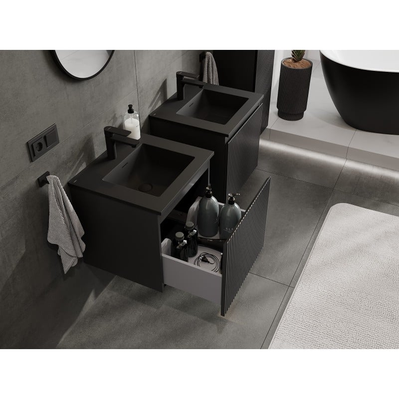 Mexen Rivel meuble de salle de bains 50 cm avec lavabo Otis, 1 tiroir, rainuré, noir mat - 91A20-05047-1-BF71-W18M71