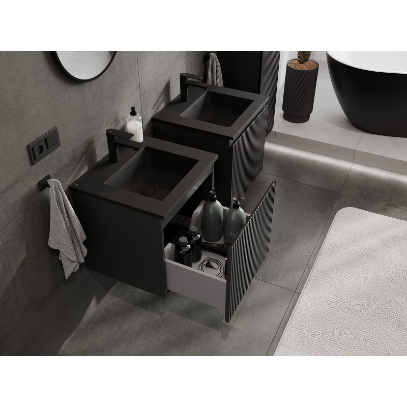 Mexen Rivel mueble de baño de 50 cm con lavabo Otis, 1 cajón, estriado, negro mate - 91A20-05047-1-BF71-W18M71
