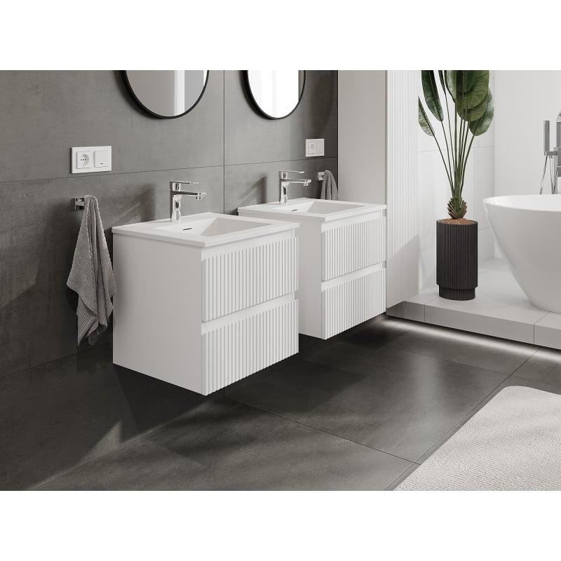 Mexen Rivel bathroom cabinet 50 cm with Otis washbasin, 2 drawers, grooved, white mat - 91A20-05047-2-BFF01-W18M01