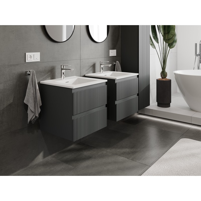 Mexen Rivel szafka łazienkowa 50 cm z umywalką Otis, 2 szuflady, ryflowana , grafit mat/biała mat - 91A20-05047-2-BFF66-W18M01