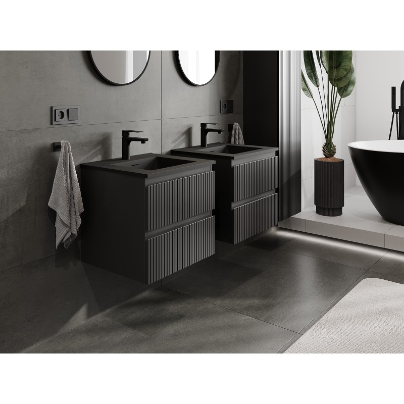 Mexen Rivel meuble de salle de bains 50 cm avec lavabo Otis, 2 tiroirs, rainuré, noir mat - 91A20-05047-2-BFF71-W18M71