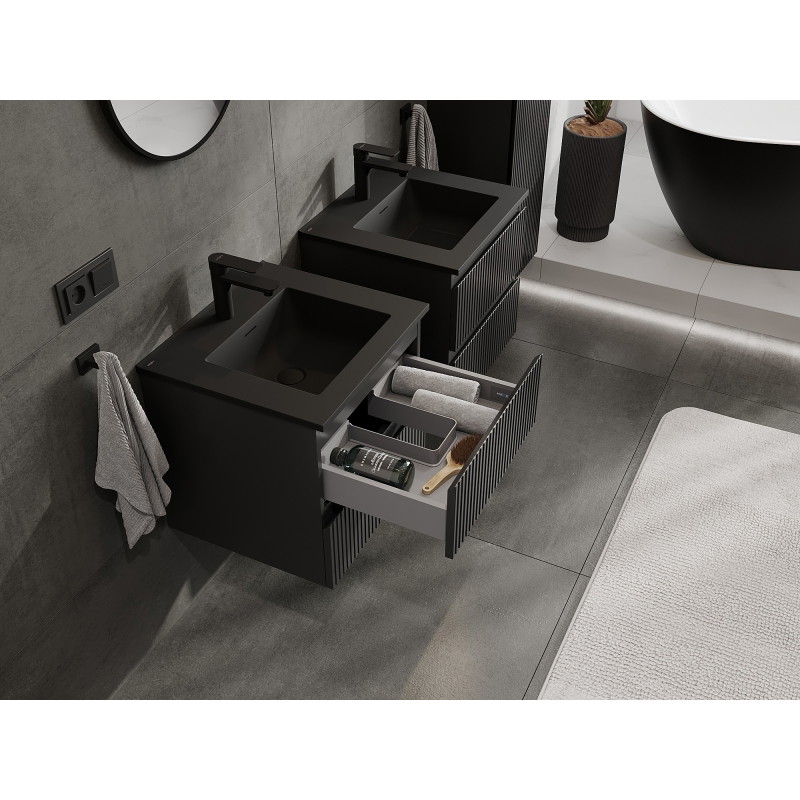 Mexen Rivel Badezimmerschrank 50 cm mit Waschbecken Otis, 2 Schubladen, geriffelt, Schwarz Matt - 91A20-05047-2-BFF71-W18M71
