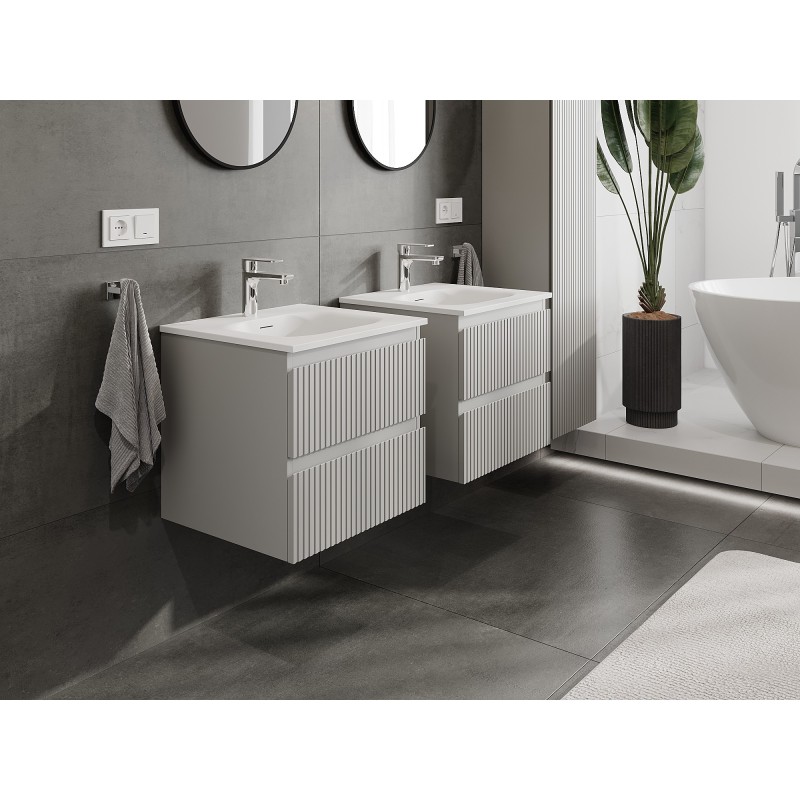 Mexen Rivel badkamerkast 50 cm met wastafel Vela, 2 laden, geribbelde , grijs mat/wit mat - 91A20-05047-2-BFF62-W23M01