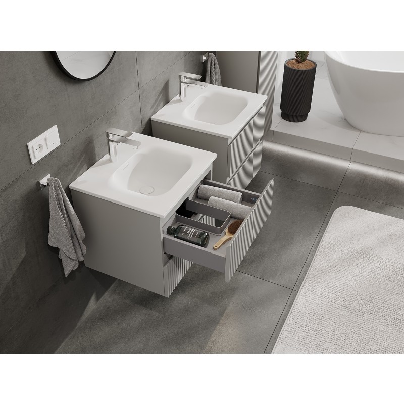 Mexen Rivel badkamerkast 50 cm met wastafel Vela, 2 laden, geribbelde , grijs mat/wit mat - 91A20-05047-2-BFF62-W23M01