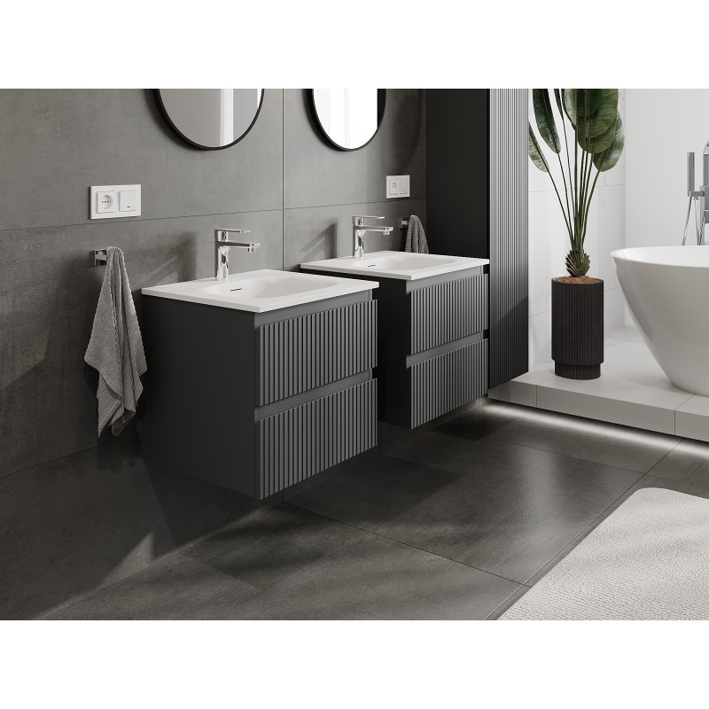 Mexen Rivel szafka łazienkowa 50 cm z umywalką Vela, 2 szuflady, ryflowana , grafit mat/biała mat - 91A20-05047-2-BFF66-W23M01