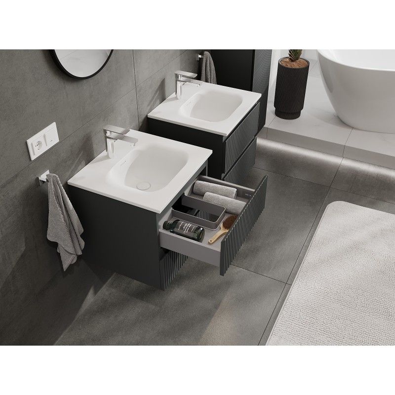 Mexen Rivel szafka łazienkowa 50 cm z umywalką Vela, 2 szuflady, ryflowana , grafit mat/biała mat - 91A20-05047-2-BFF66-W23M01