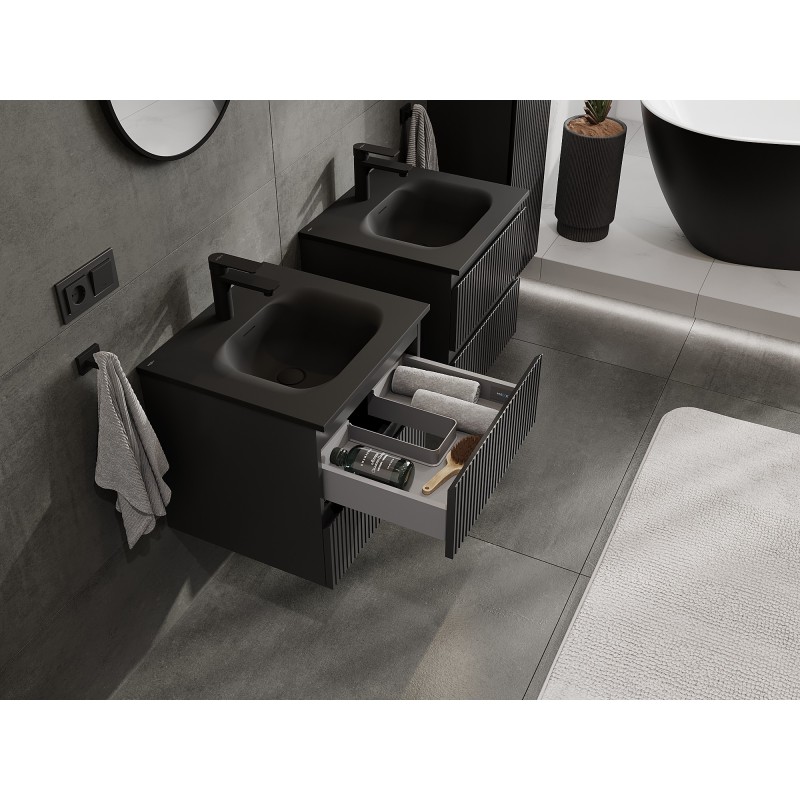 Mexen Rivel mobile da bagno 50 cm con lavabo Vela, 2 cassetti, scanalato, nero opaco - 91A20-05047-2-BFF71-W23M71