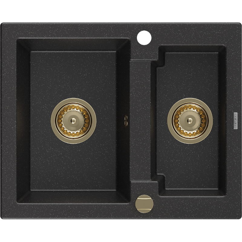 Mexen Carlos Granitspüle 1,5-Becken 582 x 475 mm, schwarz/silber metallic, goldener Siphon - 6518581500-73-G