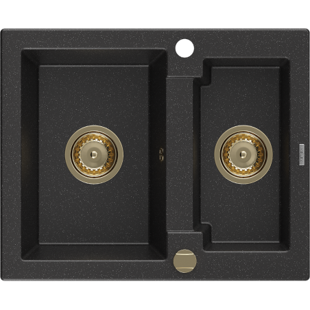 Mexen Carlos Granitspüle 1,5-Becken 582 x 475 mm, schwarz/silber metallic, goldener Siphon - 6518581500-73-G