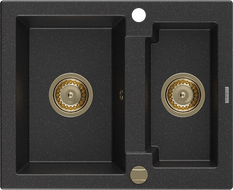 Mexen Carlos granieten gootsteen 1,5-kamer 582 x 475 mm, zwart/zilver metallic, gouden sifon - 6518581500-73-G