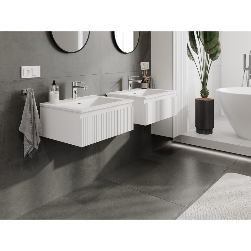 Mexen Rivel szafka łazienkowa 60 cm z umywalką Otis, 1 szuflada, ryflowana , biała mat - 91A20-06023-1-BF01-W18M01