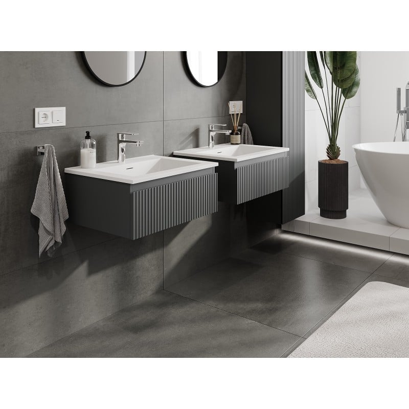Mexen Rivel szafka łazienkowa 60 cm z umywalką Otis, 1 szuflada, ryflowana , grafit mat/biała mat - 91A20-06023-1-BF66-W18M01