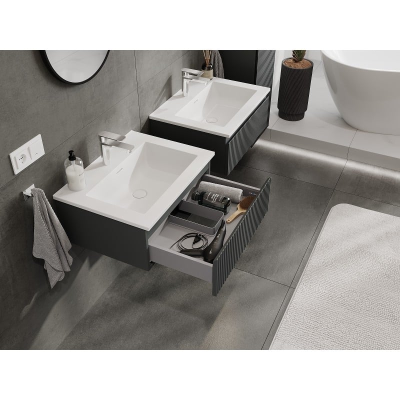 Mexen Rivel szafka łazienkowa 60 cm z umywalką Otis, 1 szuflada, ryflowana , grafit mat/biała mat - 91A20-06023-1-BF66-W18M01