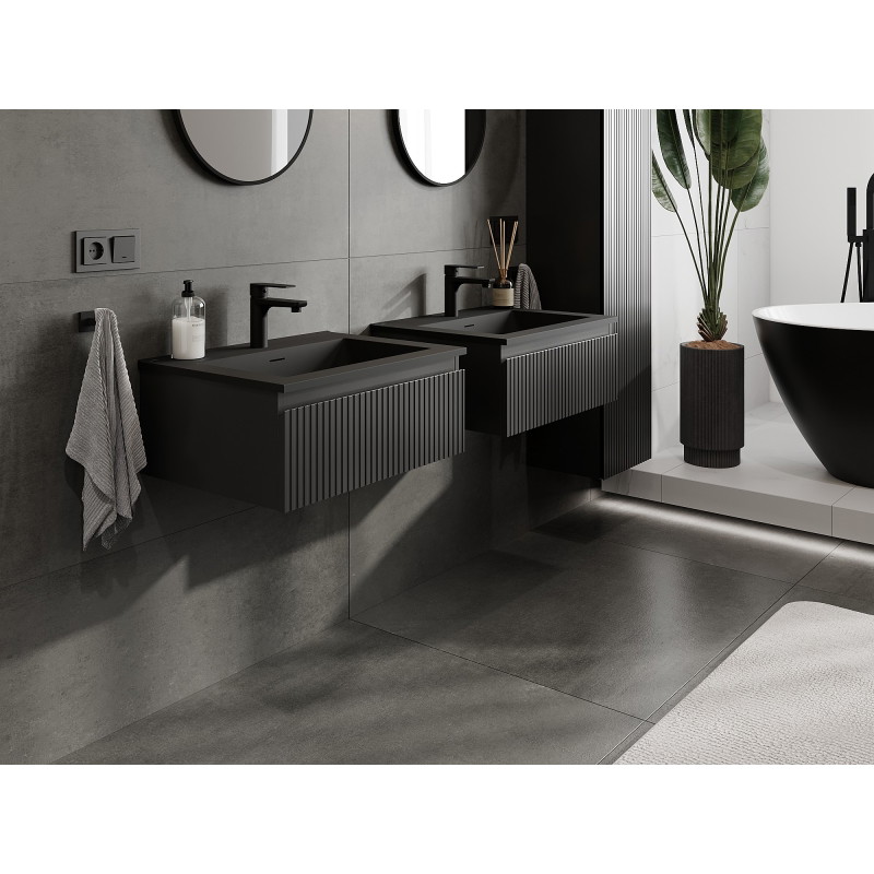 Mexen Rivel 60 cm bathroom cabinet with Otis sink, 1 drawer, fluted, matte black - 91A20-06023-1-BF71-W18M71