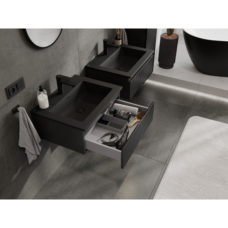 Mexen Rivel 60 cm bathroom cabinet with Otis sink, 1 drawer, fluted, matte black - 91A20-06023-1-BF71-W18M71