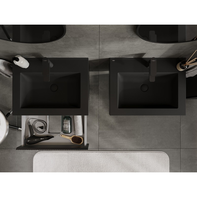 Mexen Rivel 60 cm bathroom cabinet with Otis sink, 1 drawer, fluted, matte black - 91A20-06023-1-BF71-W18M71