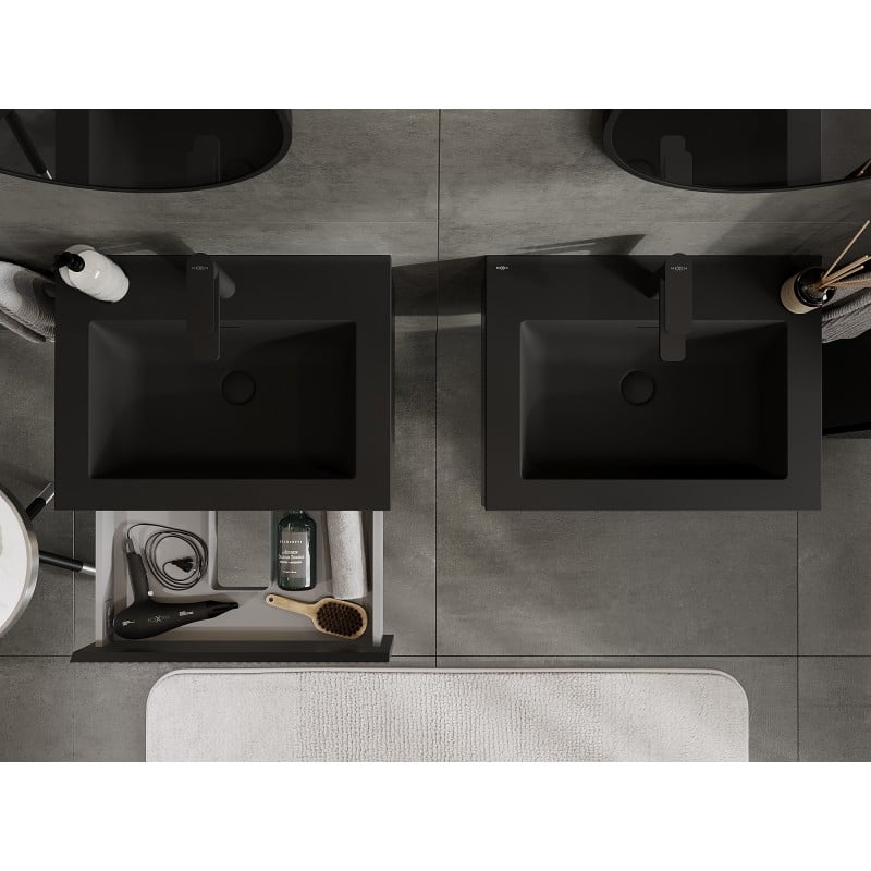 Mexen Rivel armoire de salle de bain 60 cm avec lavabo Otis, 1 tiroir, cannelé, noir mat - 91A20-06023-1-BF71-W18M71