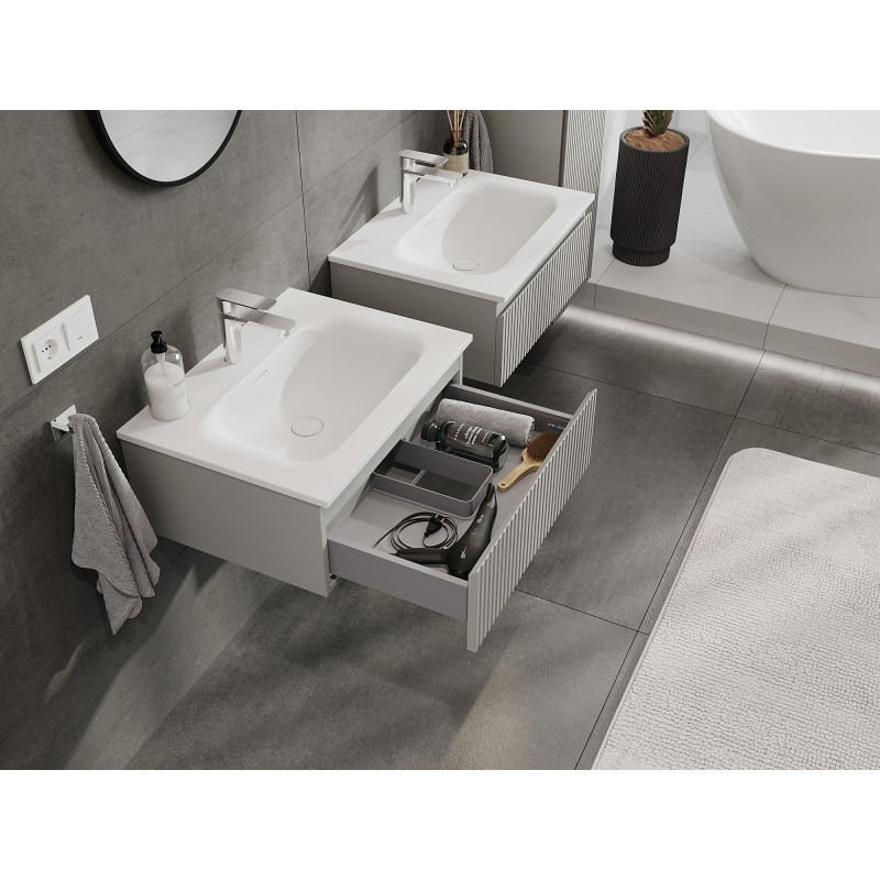 Mexen Rivel Badezimmerschrank 60 cm mit Waschbecken Vela, 1 Schublade, geriffelt, grau matt/weiß matt
