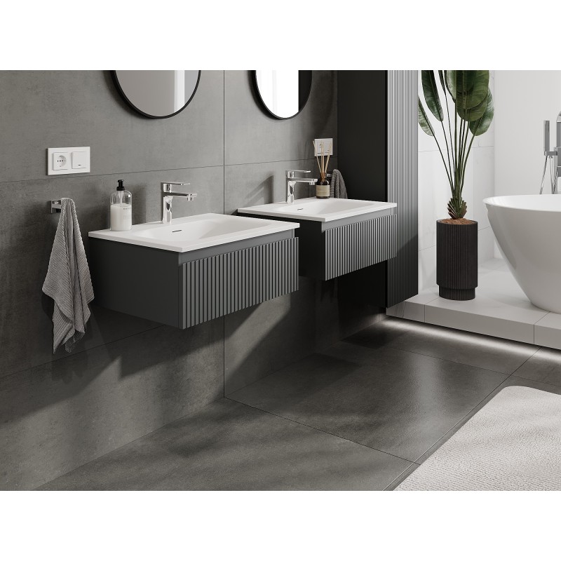Mexen Rivel szafka łazienkowa 60 cm z umywalką Vela, 1 szuflada, ryflowana , grafit mat/biała mat - 91A20-06023-1-BF66-W23M01