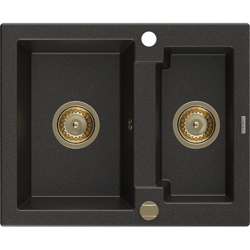 Mexen Carlos fregadero de granito 1,5 senos 582 x 475 mm, negro/dorado metalizado, sifón dorado - 6518581500-75-G