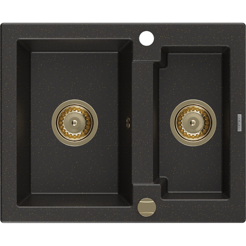 Mexen Carlos fregadero de granito de 1,5 senos 582 x 475 mm, negro/dorado metálico, sifón dorado - 6518581500-75-G