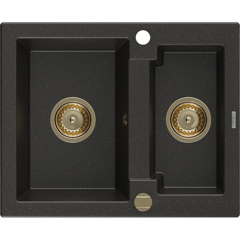 Mexen Carlos granit gootsteen 1,5-kamer 582 x 475 mm, zwart/gouden metallic, gouden sifon - 6518581500-75-G