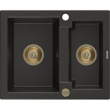 Mexen Carlos Granitspüle 1,5-Becken 582 x 475 mm, schwarz/gold metallic, goldener Siphon - 6518581500-75-G