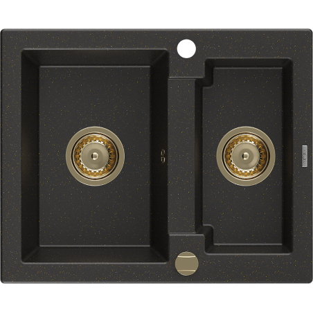 Mexen Carlos lava-loiça de granito 1,5-cuba 582 x 475 mm, preto/dourado metálico, sifão dourado - 6518581500-75-G
