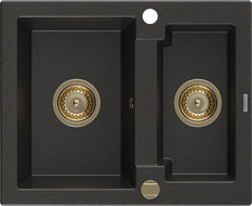 Mexen Carlos zlewozmywak granitowy 1,5-komorowy 582 x 475 mm, czarny/złoty metalik, syfon złoty - 6518581500-75-G