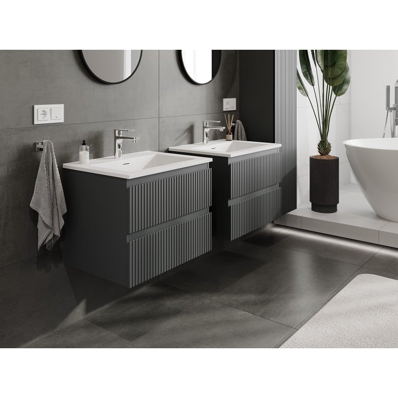 Mexen Rivel szafka łazienkowa 60 cm z umywalką Otis, 2 szuflady, ryflowana , grafit mat/biała mat - 91A20-06047-2-BFF66-W18M0