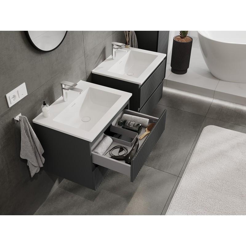 Mexen Rivel szafka łazienkowa 60 cm z umywalką Otis, 2 szuflady, ryflowana , grafit mat/biała mat - 91A20-06047-2-BFF66-W18M0