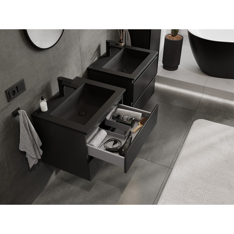 Mexen Rivel 60 cm Bathroom Cabinet with Otis Sink, 2 Drawers, Grooved, Black Matte - 91A20-06047-2-BFF71-W18M71