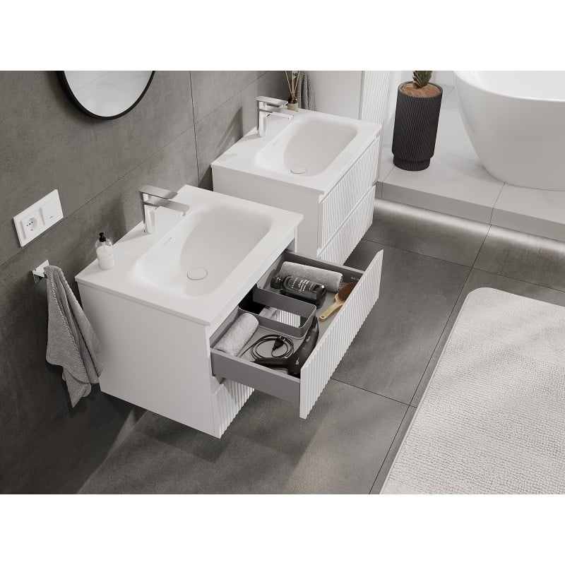 Mexen Rivel meuble de salle de bain 60 cm avec lavabo Vela, 2 tiroirs, rainuré, blanc mat - 91A20-06047-2-BFF01-W23M01