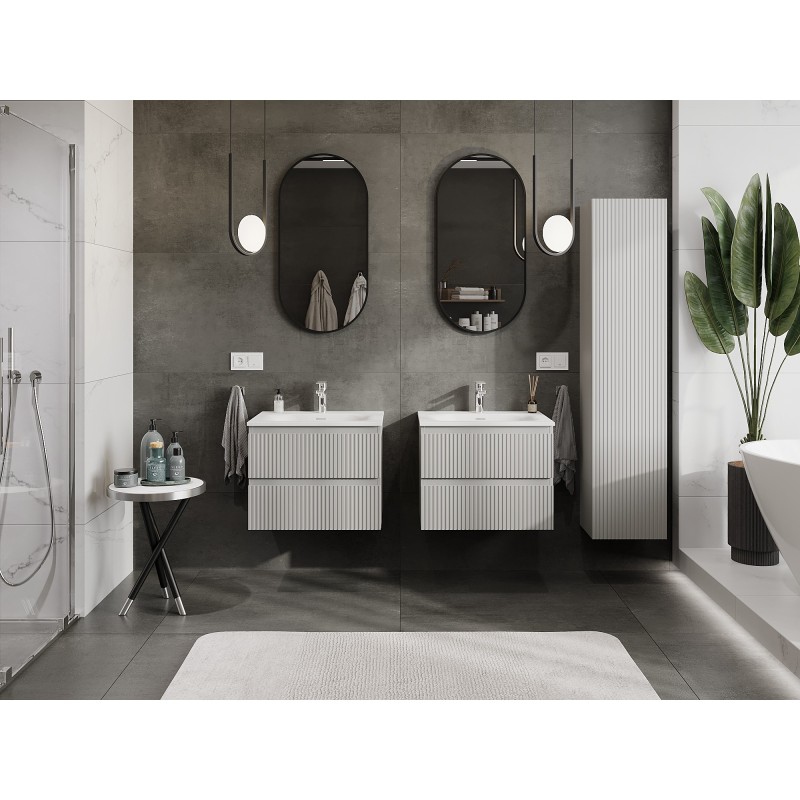 Mexen Rivel badkamerkast 60 cm met wastafel Vela, 2 lades, geribbeld, grijs mat/wit mat - 91A20-06047-2-BFF62-W23M01